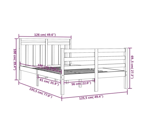 Estructura de cama doble madera maciza marrón miel 120x190 cm