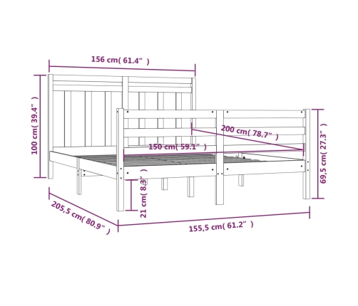 Estructura de cama madera maciza 150x200 cm