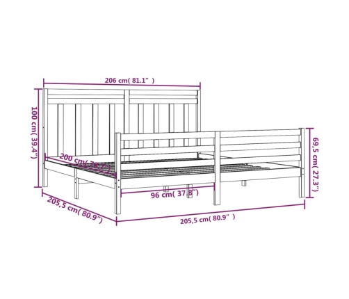 Estructura de cama de madera maciza de pino negra 200x200 cm