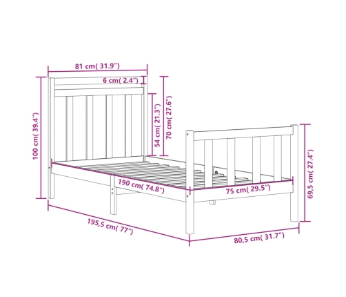 Estructura de cama madera maciza 75x190 cm