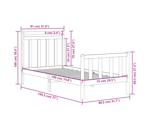 Estructura de cama madera maciza individual negra 75x190 cm