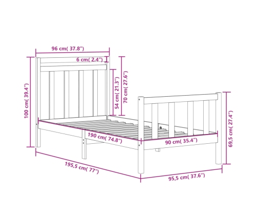 Estructura de cama madera maciza 90x190 cm