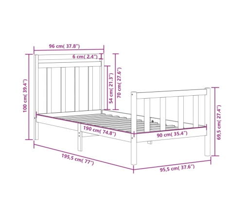 Estructura de cama individual madera maciza negra 90x190 cm