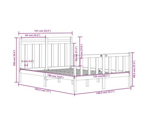 Estructura de cama de matrimonio madera maciza 135x190 cm