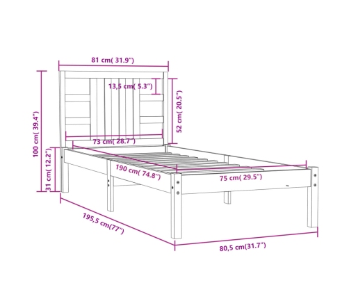 Estructura de cama madera maciza individual blanco 75x190 cm