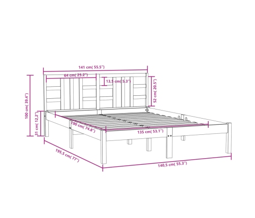 Estructura de cama de matrimonio madera maciza 135x190 cm