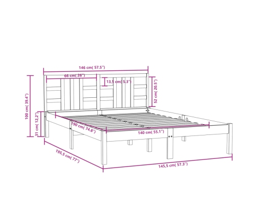 Estructura de cama madera maciza de pino 140x190 cm