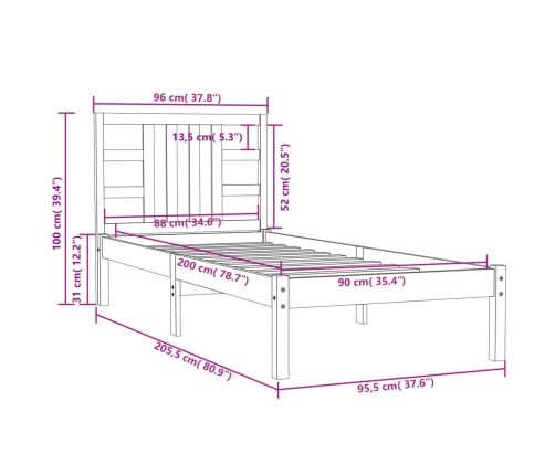 Estructura de cama madera maciza de pino blanca 90x200 cm