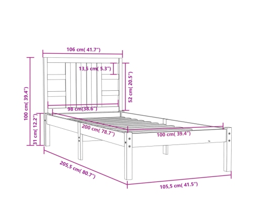 Estructura de cama de madera maciza 100x200 cm