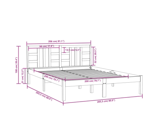 Estructura de cama de madera maciza de pino negra 200x200 cm