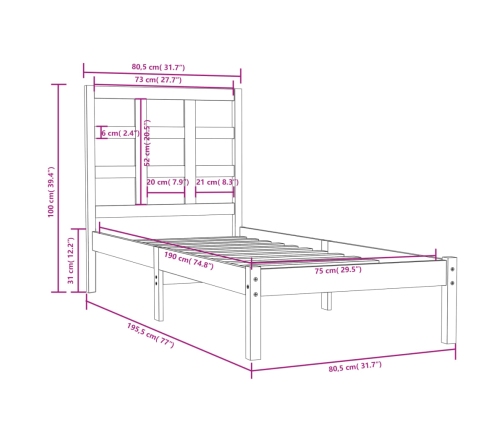 Estructura de cama madera maciza 75x190 cm