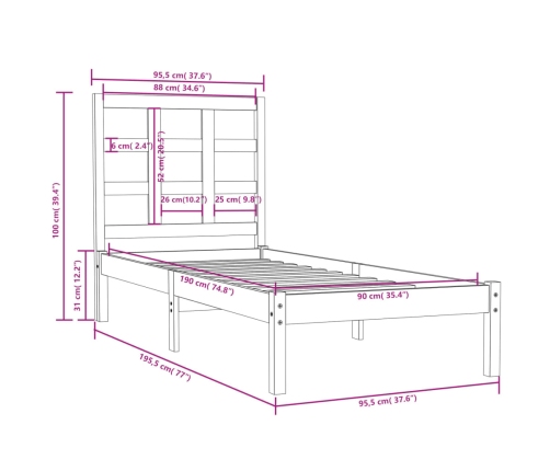 Estructura de cama individual madera maciza negra 90x190 cm