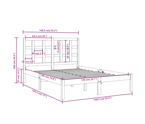 Estructura de cama de matrimonio madera maciza 135x190 cm