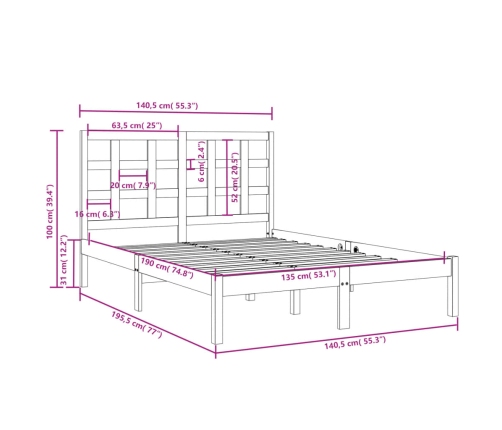 Estructura de cama doble madera maciza negra 135x190 cm