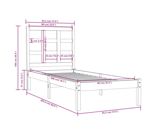 Estructura de cama madera maciza de pino 90x200 cm