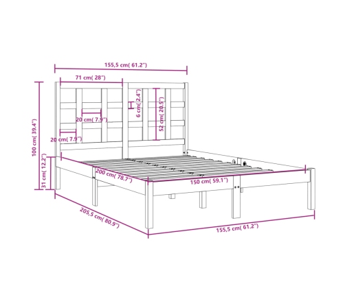 Estructura de cama madera maciza blanca King Size 150x200 cm