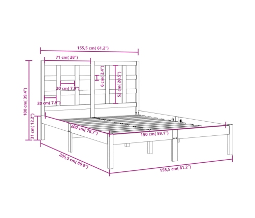 Estructura de cama madera maciza negra King Size 150x200 cm