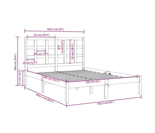 Estructura de cama de madera maciza de pino 160x200 cm