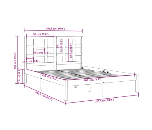 Estructura de cama de madera maciza 200x200 cm