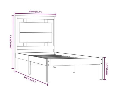 Estructura de cama madera maciza 75x190 cm