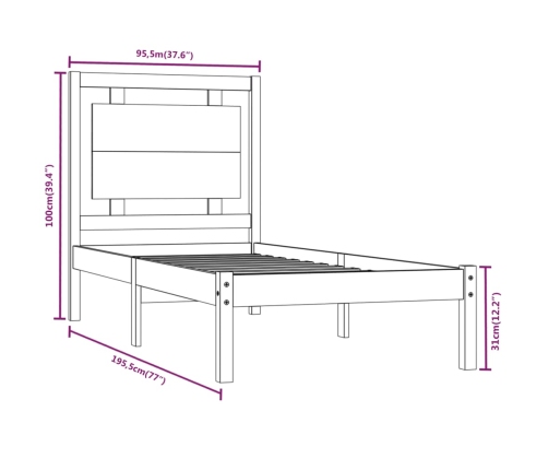 Estructura de cama individual madera maciza negra 90x190 cm