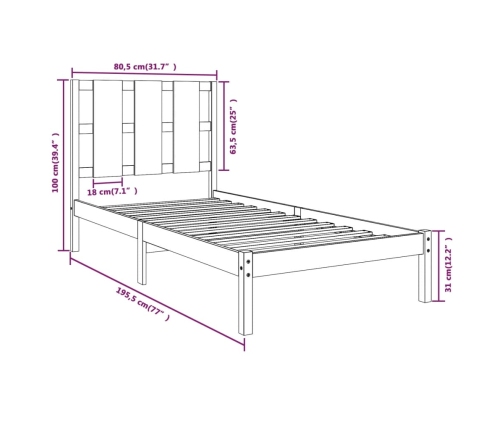 Estructura de cama madera maciza 75x190 cm