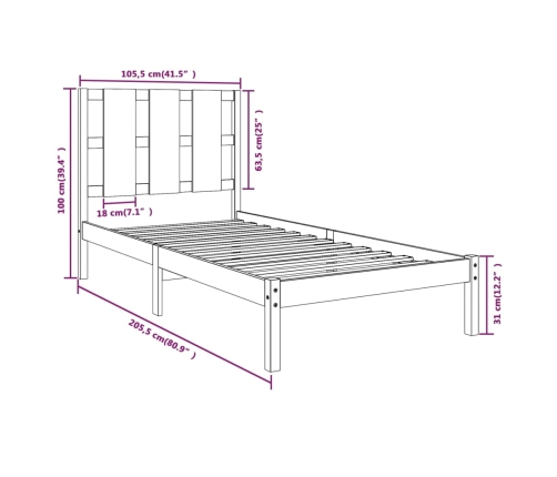 Estructura de cama madera maciza de pino negra 100x200 cm