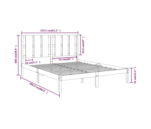 Estructura de cama madera maciza gris King Size 150x200 cm