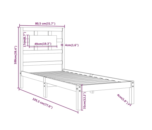 Estructura de cama madera maciza 75x190 cm