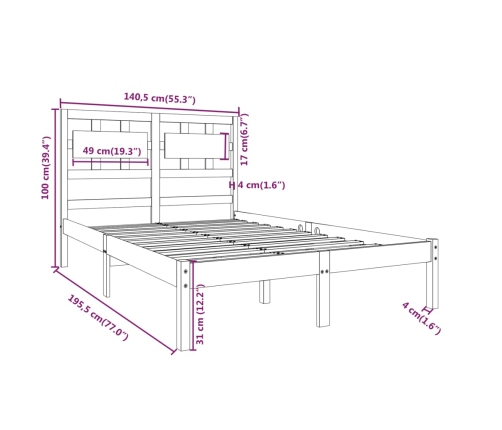 Estructura de cama de matrimonio madera maciza 135x190 cm