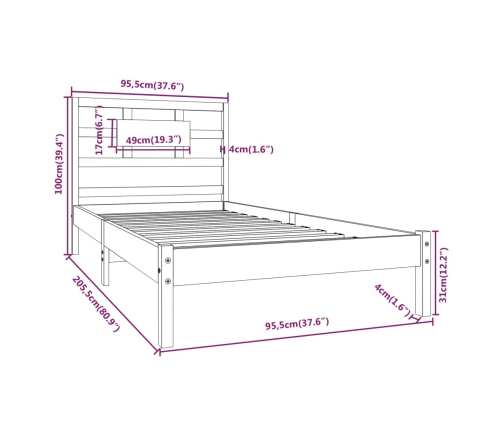 Estructura de cama madera maciza de pino blanca 90x200 cm