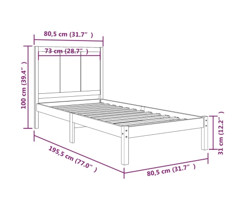 Estructura de cama sin colchón madera maciza pino 75x190 cm