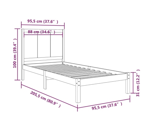 Estructura de cama sin colchón madera maciza de pino 90x200 cm