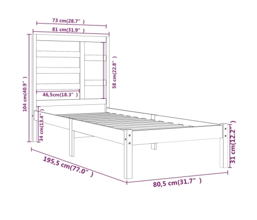 Estructura de cama sin colchón madera maciza blanco 75x190 cm