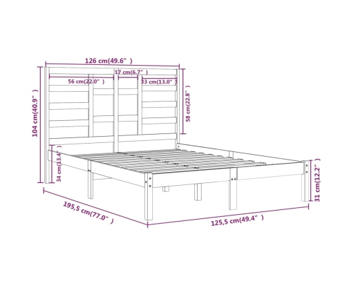 Estructura de cama doble sin colchón madera maciza 120x190 cm