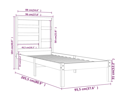 Estructura de cama sin colchón madera maciza 90x200 cm