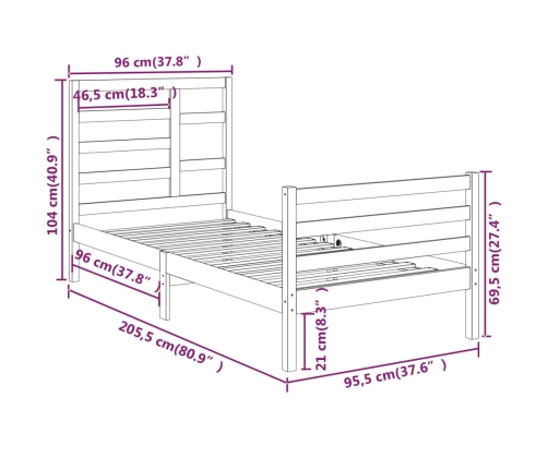 vidaXL Estructura de cama de madera maciza gris 90x200 cm