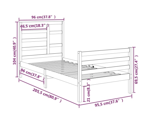 Estructura cama sin colchón madera maciza marrón miel 90x200 cm