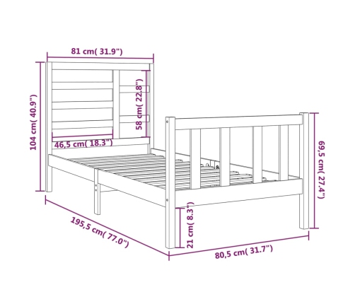 Estructura de cama madera maciza 75x190 cm