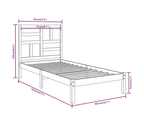 Estructura de cama madera maciza 75x190 cm