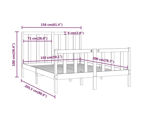 Estructura de cama madera maciza gris King Size 150x200 cm