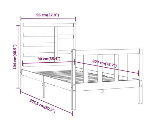 Estructura de cama sin colchón madera maciza de pino 90x200 cm