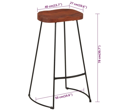 Taburetes de bar Gavin 2 uds madera mango maciza 50x40x78 cm