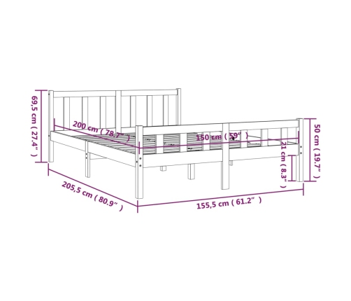 Estructura de cama doble sin colchón madera maciza gris