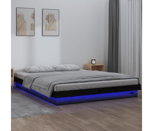 Estructura de cama doble LED sin colchón madera maciza negro