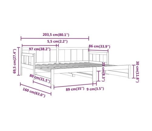 Sofá cama extraíble madera maciza de pino blanco 2x(80x200) cm