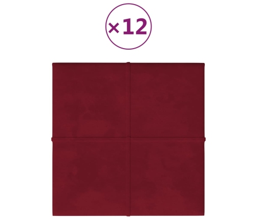 Paneles de pared 12 uds terciopelo rojo tinto 30x30 cm 1,08 m²