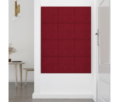 Paneles de pared 12 uds terciopelo rojo tinto 30x30 cm 1,08 m²