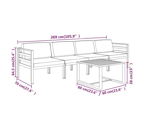 Set muebles de jardín 5 pzas y cojines aluminio gris antracita