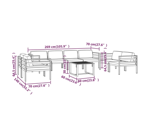 Set muebles de jardín 9 pzas y cojines aluminio gris antracita